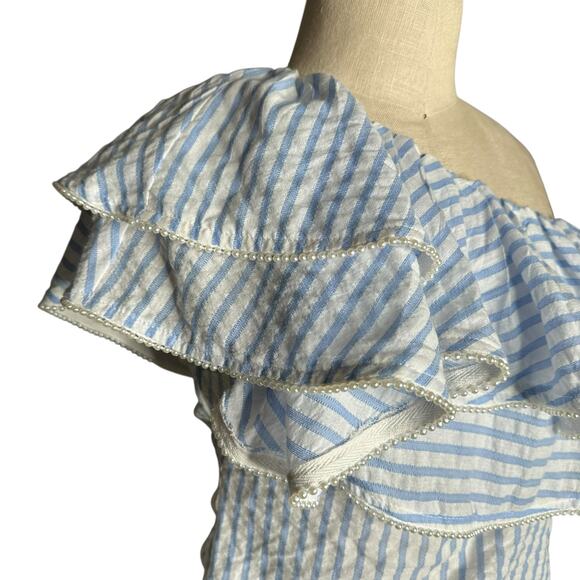 ENDLESS ROSE Blue White Striped One Shoulder Top Ruffle trim Women's Size Medium - Picture 5 of 9